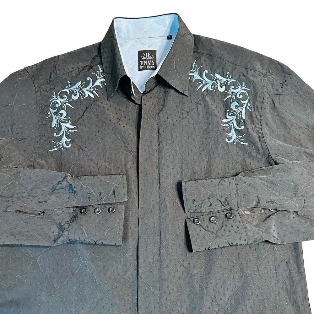 Envy Black button down with vivid blue embroidery